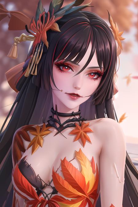 maple_leaf,autumn_leaves,leaf,holding_leaf,autumn,falling_leaves,hauchiwa,1girl,bikini,upper body,leaf_hair_ornament,aki_shizuha,black_hair,solo,leaf_on_head,red_eyes,fire,leaf_print,looking_at_viewer,hair_ornament,long_hair,<lora:add_detail:0.5> <lora:epiNoiseoffset_v2:0.5>,(masterpiece, highres, best quality:1.3),highly detailed,intricate,vibrant image,sharp focus,solo,mature female,church background,sunny,looking at viewer,very long hair,forehead,hair intakes,makeup,perfect eyes,perfect face,detailed face,hyperdetailed areolae,large breasts,curve,<lora:GoodHands-beta2:0.55>  <lora:红叶1:0.85>,