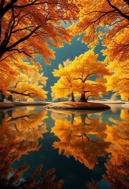 Stunning detail reflection of golden and orange katsura trees around a natural round lake, autumn, realistic, wide shot, art style of Studio Ghibli, magical, whimsical atmosphere, vibrant colors, beautifully lit, serene landscape