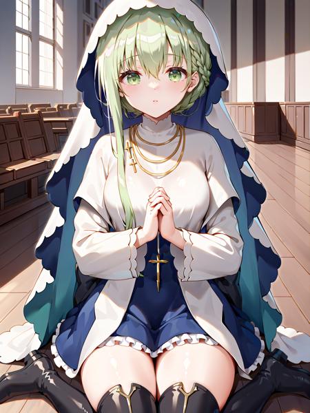 cecilia, 1girl, green hair, long hair, green eyes, hair between eyes, very long hair, thighhighs, ((single sidelock)), asymmetrical hait, white thighhighs, 