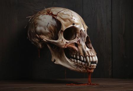 side view of (feline skull)  dripping dark liquid in front of a dark wood grained background, poster art bold lines vibrant colors hyper-realism, 32k uhd overalldetail