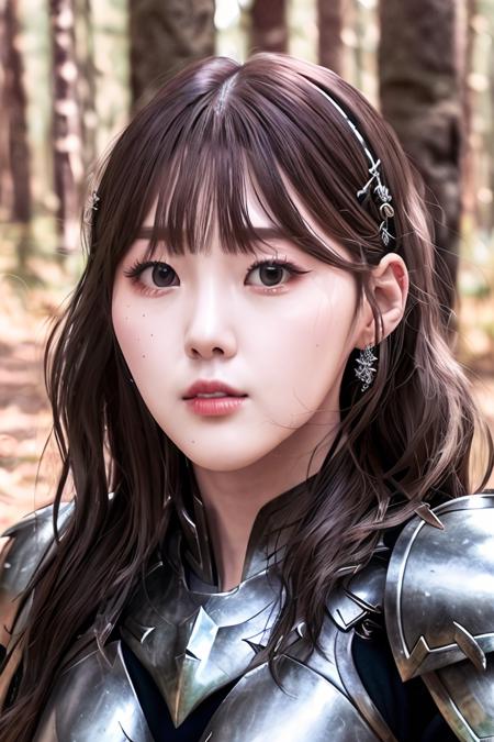 a kepchaehyun, perfect eyes, (ultra realistic:1.5), (standing in forest:1.2), (close-up photo:1.5), (black paladin armor:1.2), (intricate:1.2), (looking at camera:1.2), (best quality:1.2), <lora:kepchaehyun-v1:1>