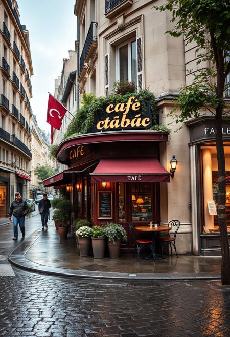 A beautifully lit and composed professional photograph of a Parisian brasserie on a bustling Paris street corner, the restaurant is an oasis from the busy street, tucked in and cozy off the street next to a flower shop on one side and an art galerie on the other , wet cobblestones, high resolution, early morning rain, weathered limestone and details, fine details of plants and trees, ultra realistic modern day scene, beautiful early morning sun rays, the words cafe and tabac are on the sign, (no flags)