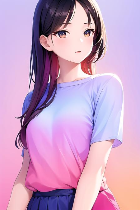 1girl, upper body, gradient clothes,fashion clothes,jianbianbg,simple background,(masterpiece:1,2), best quality, masterpiece, highres, original, extremely detailed wallpaper, perfect lighting,(extremely detailed CG:1.2)