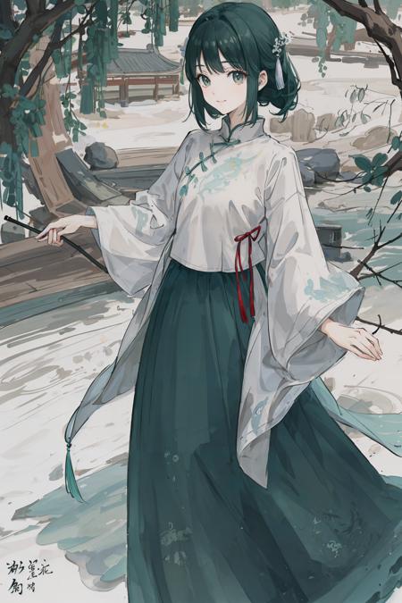 <lora:ChinaDressV2.0:0.7>,(white printed chinese upshirt),(green long skirt),upper body,shukezouma, negative space, shuimobysim , portrait of a woman standing , willow branches, (masterpiece, best quality:1.2), traditional chinese ink painting, modelshoot style, peaceful, (smile), looking at viewer, song, willow tree in background, wuchangshuo, <lora:Moxin_10:0.5>