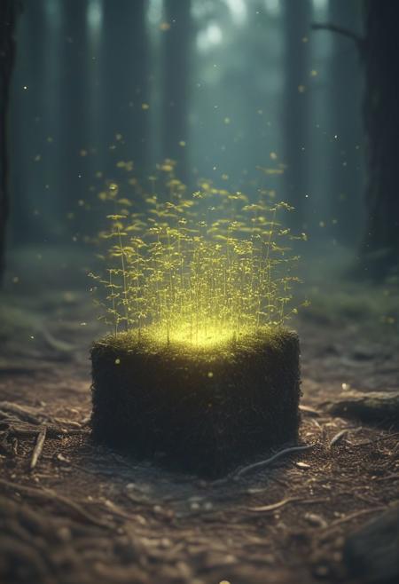 Glowing 3D square in forest, depth of field, tiny little glowing ants around the shape