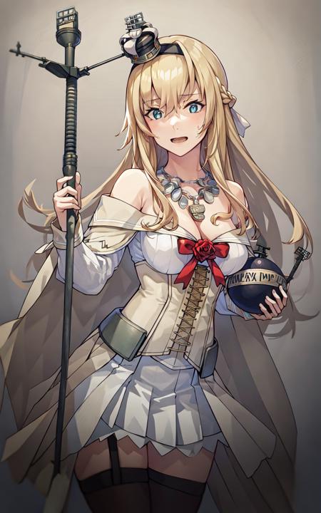 masterpiece,  best quality,1girl, (WarspiteOG),  solo, long hair, mini crown, blue eyes, off-shoulder dress, long sleeves, thighhighs, red ribbon, necklace, ribbon, hairband, red rose, cleavage, garter straps, corset, open mouth, bare shoulders, scepter, holding scepter, medium breasts, cleavage, stained glass, straight-on,