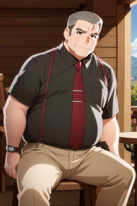 1boy, fat, plump, old, black shirt, white pants, suspenders, red necktie, wristwatch, grey hair, hair slicked back, green eyes ooishikuraudo