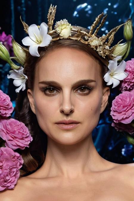 head and shoulders portrait of natalie portman with flowers aquatic motifs, by Giger, Tim Burton, Artgerm, hyperdetailed <lora:nataliePortman:1> . 35mm photograph, film, bokeh, professional, shot by hedi slimane, 4k, highly detailed