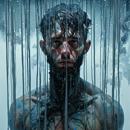 male, the inner strange is hidden behind curtains of failure and fear by Conrad Roset, Brandon Kidwell, Andreas Lie, Dan Mountford, Agnes Cecile, Jeremy Mann, oil and ink canvas, fine art, super dramatic light, amazing depth, hyperdetailed, iridescent water, misty clouds with intense electric energy, <lora:add-detail-xl:1.3>