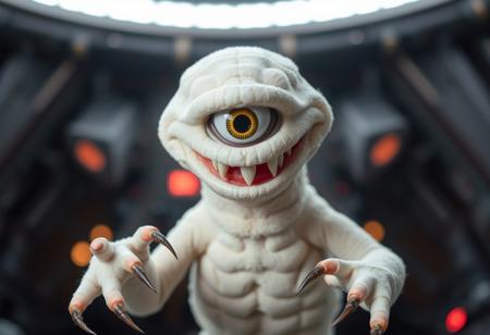a white muppet with one central alien eye, and real sharp teeth, a scaly belly, ugly slimy claws, spaceship background, bokeh