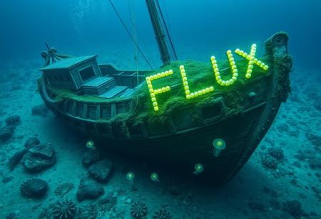 On the bottom of the sea was a huge, old ship, lying on its side, covered with seaweed. There were wooden boxes with treasures on board, and sea creatures swam around the ship. On the side of the ship, glowing jellyfishs formed the letters "FLUX".