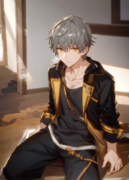 best quality, masterpiece, highres, male focus, 1boy, solo, bara, gray hair, caelus, yellow eyes, looking at viewer, detailed face, highly detailed, beautiful, beautiful lighting, blush, bulge, god rays, light rays,  party,  depth of field, formal, yellow and black jacket, blush, sitting, sweating, sweat,  warm, room, wooden floor, blanket, stuffed animals (Eachcolorblockisclearlydistinguished:1.1), <lora:caelus:0.6>