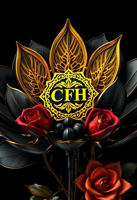 Create a "CFH" logo as a gleaming golden chrome emblem with intricate filigree, nestled within a large, biomechanical black lotus. The lotus petals should resemble sleek, metallic panels with visible seams and tiny pulsing lights. At the center, the "CFH" emblem emerges like a sophisticated machine core.
Prominent, deep red roses with chrome-tipped petals intertwine with the lotus. Their stems are mechanical, resembling hydraulic pistons or fiber optic cables. Thorns protrude like sharp sensor arrays.
Integrate more biomechanical elements: gears visible beneath translucent petals, pistons simulating plant movement, and delicate wires mimicking veins in leaves. Blood and oil should drip from valve-like structures.
Design as a high-quality vector for sticker use. Render in 8K, emphasizing stark contrast between deep shadows in mechanical crevices and brilliant reflections on golden chrome and rose surfaces. Blend luxury and danger with a strong sci-fi, organic-tech aesthetic throughout.