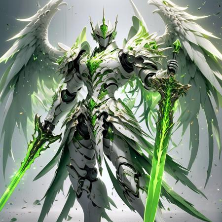 full body shot of 1man, male, solo,wearing white armor, holding green weapon infront of him, holding green sword, white wings,  simple glowing background , HD, masterpiece, best quality, hyper detailed, ultra detailed,