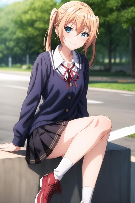 1girl, bangs, dark blue eyes, blonde hair, hair between eyes, medium hair, looking at viewer, smile, solo, twintails, homare_onishima, black legwear, black skirt, neck ribbon, outdoors, pleated skirt, red footwear, red ribbon, ribbon, shirt, shoes, skirt, socks, solo, white shirt, yellow jacket, <lora:add_detail:0.7>