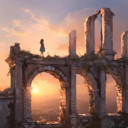 1girl standing in the top of ruin in the sunset