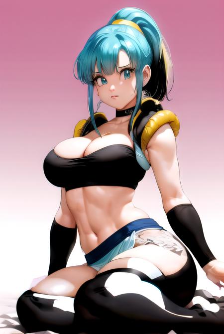 best quality, (masterpiece),(ultra-detailed), (high quality), (high resolution),  <lora:bulchi:0.7>, two-tone hair, aqua hair, blue eyes, black hair, ponytail, crop top, navel,1girl, bangs, bent over, black thighhighs, blue hair, breast press, breasts, bulchi, choker, cleavage, closed mouth, day, gradient, large breasts, looking at viewer, medium breasts, midriff, mouth hold, pink background, ponytail, retro artstyle, simple background, sitting, solo, thighhighs, two-tone hair, vest, white background