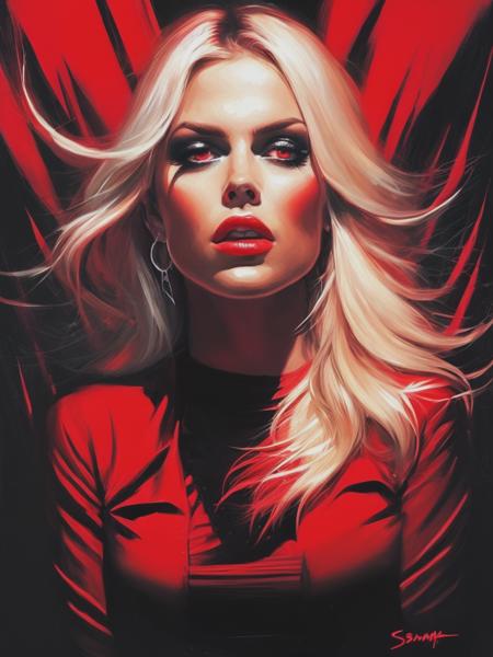 <lyco:SamSpratt:1.0>a red horror painting of a shrieking blonde woman with black hair, in the style of sam spratt, becky cloonan, gothic dark intensity, steve henderson, hd, messy, celebrity-portraits, lots of horror