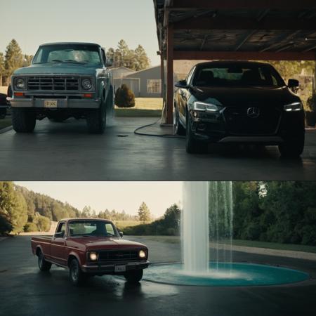 cinematic film still of  <lora:Split Screen Style:1>
two different images of a truck is parked in a garage with a water fountain,next to a sports car, Split Screen Style,outdoors,no humans,sunlight,ground vehicle,scenery,motor vehicle,car,light,road,truck , division of the screen, half screen, several simultaneous images, shallow depth of field, vignette, highly detailed, high budget, bokeh, cinemascope, moody, epic, gorgeous, film grain, grainy