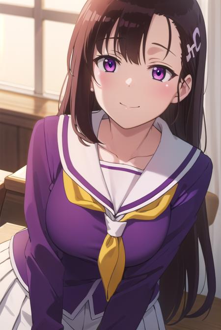 hitomihino, <lora:hitomi hino s1-lora-nochekaiser:1>,
hitomi hino, long hair, black hair, hair ornament, (purple eyes:1.1), smile,
BREAK skirt, school uniform, pleated skirt, serafuku, white skirt, shirt, purple shirt, sailor collar, white sailor collar, long sleeves, neckerchief, yellow neckerchief,
BREAK indoors, classroom,
BREAK looking at viewer, (cowboy shot:1.5),
BREAK <lyco:GoodHands-beta2:1>, (masterpiece:1.2), best quality, high resolution, unity 8k wallpaper, (illustration:0.8), (beautiful detailed eyes:1.6), extremely detailed face, perfect lighting, extremely detailed CG, (perfect hands, perfect anatomy),