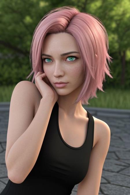 young woman, short shoulder-length pink hair, wide forehead, porcelain skin, pink eyebrows, big emerald green eyes, buttoned nose, full lips, heart-shaped face, slender body, small breasts, red tank top, Sakura Haruno , realistic, realism, details, 3d, well detailed