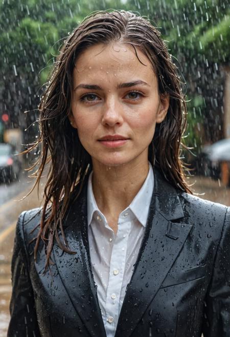 best-details, best-quality, picture-perfect,
portrait photo of a pretty business woman wearing a suit  while raining, soaking wet, wet hair, wet clothes, real skin texture, real clothing textures, amateur lightening, shot with iphone