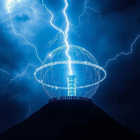 Dyson sphere surrounding a civitai buzz lightning bolt that says can I have some buzz