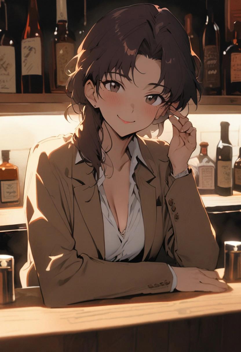 masterpiece, best quality, very aesthetic, absurdres, solo,
katsuragi misato, neon genesis evangelion, medium breast, breast expansion, skinny, BREAK
cleavage, white business suit, lace, makeup, counter, bar \(place\), smile