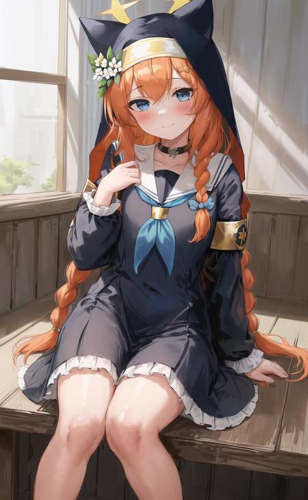 1girl, bangs, blue eyes, blue neckerchief, blush, braid, closed mouth, dress, feet out of frame, flower, frills, habit, hair between eyes, hair flower, halo, indoors, long hair, long sleeves, looking at viewer, ba-mari, neckerchief, nun, orange hair, sailor collar, single braid, smile, solo, white flower, masterpiece,highres,best quality,8k,yellow headband