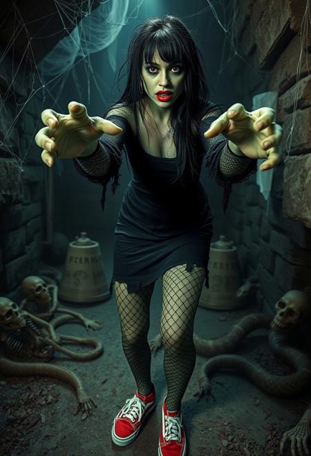 Real Life, realistic, extremely detailed digital_photography, realistic_lighting, view from knee level
a spooky dungeon, skeletons and corpses, snakes, ghosts in the background
a female Frankenstein's monster, standing in a sexy spooky pose, both arms reaching forward trying to grab the camera in a menacing way. she has green skin, suture scars on face, neck, arms and legs
bright red lipstick, long black messy hair, 
old torn black dress covered in spiderwebs, torn fishnet stockings, (((red-canvas-Vans-Authentic-sneakers))),
(((full body visible))), (((sneakers visible))), perfect anatomy, perfect legs
