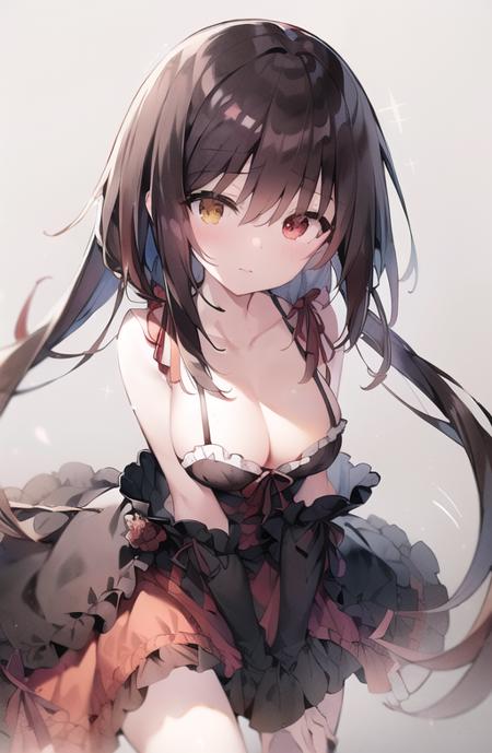 ((masterpiece:1.5)), (best quality), highress, detailed, 1girl, bangs, bare_shoulders, black_hair, bow, breasts, brown_background, closed_mouth, collarbone, dress, hair_bow, hair_over_shoulder, heterochromia, leaning_forward, long_hair, twintails, medium_breasts, red_eyes, solo, twintails, very_long_hair, yellow_eyes, clock eyes,symbol-shaped_pupils,  <lora:tokisaki_kurumi:1> <lora:lottalewdsBagsUnder_v1:0.4>