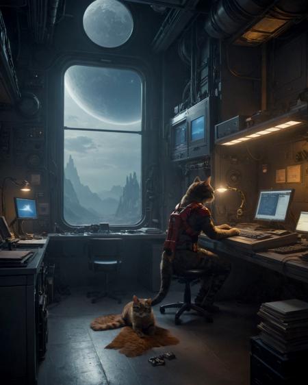 Photorealistic, (Raphael Lacoste:1.4), (atmospheric, dark, dream-like, eerie, fantasy, landscapes, mysterious, :0.8) cat nerd working at pc in futuristic NASA lab
