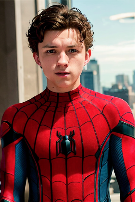 tom holland, man, muscular, spider-man suit, portrait, ultra detailed, looking at the camera, city, high quality