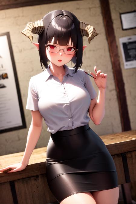 masterpiece, best quality, highres, 1girl horns short hair demon tail <lora:goumon_torture_no_outfit:1> white shirt, pencil skirt, glasses