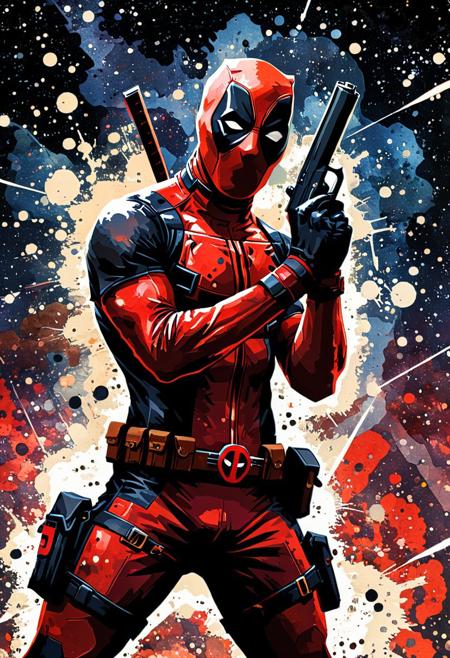 Style (Comic book:1.2), close-up shot of (Deadpool:1.3), action pose, fists, red and black costume, intense and mischievous expression, holding a gun, vibrant colors, dynamic lighting, mood playful yet intense, background white with comic-style text, texture detailed costume and rugged fabric, high resolution image (in the style of Frank Frazetta painting) Dean Cornwell, design, 1970s, Russian Constructivist style, double exposure, volumetric lighting, expressive, ancient starchart, ink spattered background, warm colors, space, art deco, splatter, Japanese Woodblock print, planar rectilinear shapes, extreme energy, dynamic posing, Dutch angle, black, Crimson<lora:xl_more_art-full_v1:0.3>