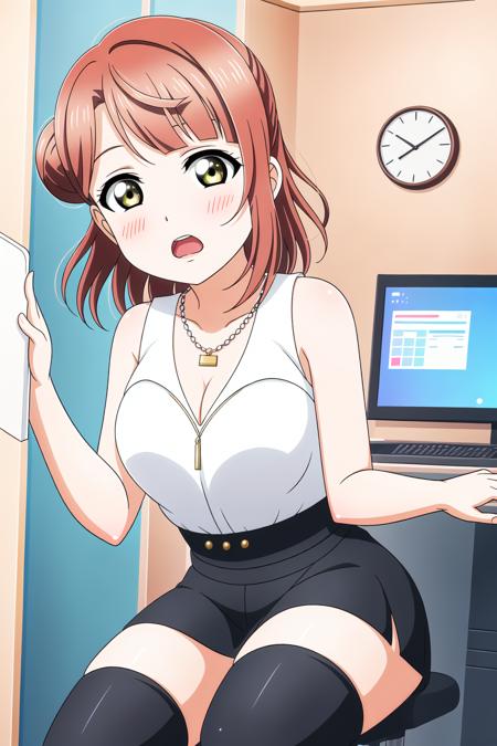 1girl, solo, high_quality, 8k, masterpiece, defined_pupil, night_light, soft_shadows, (high_quality_eyes:1.1),
(office_background:1.2), office_chair, computer, wall_clock,
looking_at_viewer, (sitting:1.2),
blushed, (worried:1.2), (open_mouth:1.2),
(black_skirt:1.2), (white_shirt:1.2), (black_thighhighs:1.2), (sleeveless:1.2), (necklace:1.2),
thighs, cleavage,
ADDBASE 
1girl, solo, high_quality, 8k, masterpiece, defined_pupil, night_light, soft_shadows, (high_quality_eyes:1.1),
(office_background:1.2), office_chair, computer, wall_clock,
looking_at_viewer, (sitting:1.2),
blushed, (worried:1.2), (open_mouth:1.2),
(black_skirt:1.2), (white_shirt:1.2), (black_thighhighs:1.2), (sleeveless:1.2), (necklace:1.2),
thighs, cleavage,
(slightly_big_breasts:1.3), (sexy_body:1.2), bangs, medium_hair, single_hair_bun, <lora:sksayumu:0.7>