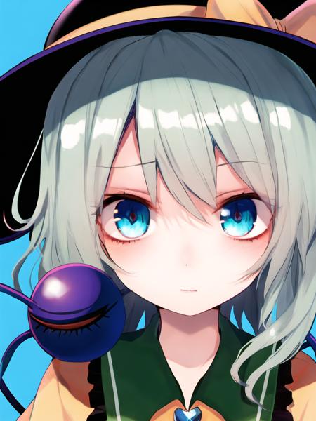 focus on face, best quality, masterpiece, 1girl, Komeiji Koishi, blue background, <lora:Fua Yuu Style:0.9>, fua yuu style, beautiful eyes, highly detailed eyes