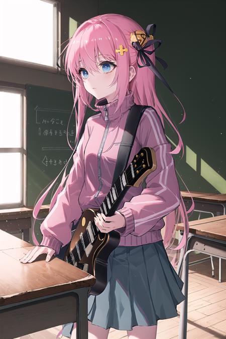 1girl, gotou hitori, solo, instrument, jacket, pink jacket, long hair, pink hair, indoors, guitar, hair ornament, cube hair ornament, track jacket, skirt, blue eyes, window, pleated skirt, bangs, electric guitar, hair between eyes, one side up, closed mouth, classroom, long sleeves, grey skirt, instrument case, gibson les paul, sunlight, desk, standing, chalkboard 
/////////// <lora:rsef-000225:1>