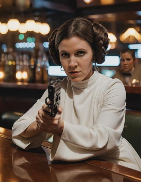 high resolution photo of le_ia,she has double bun hairstyle,she is wearing white gown,sitting in a bar,holding a gun,volumetric lighting and bokeh,the background is super detailed,the shot is cinematic