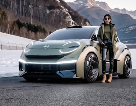 (Girl standing in front of a car:1.1),sexi, korean beautiful woman with short black hair,
beach, young woman, blonde hair, olive green crop top, high-waisted cargo pants, khaki color,khaki winterjacket, black sunglasses, paragliders, mountains, misty background
NISSAN 2023, A sleek silver concept car with a futuristic design, ultra-modern headlights at a snowy mountain