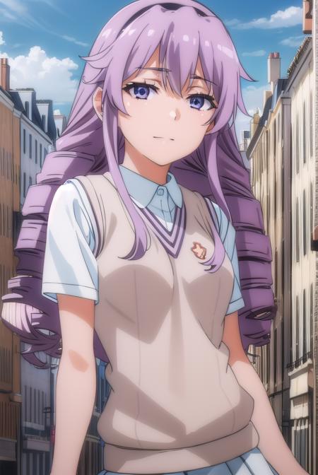 junko hokaze, long hair, (purple eyes:1.2), purple hair, hairband, drill hair, skirt, school uniform, sweater vest, tokiwadai school uniform, brown sweater vest,