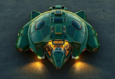 1 vehicle, 
very large hover RV shaped like a turtle
doors and garage entrance with a large cockpit at the front. 
hover jets at each corner of the RV.
Green and gold in color.
View from above. 
8k,