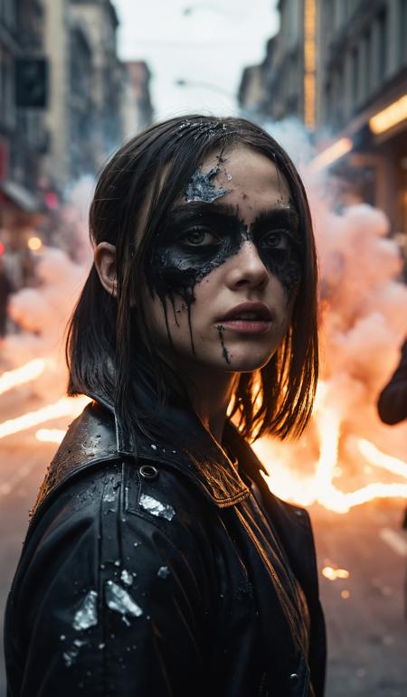Dynamic angle close-up shot of a young girl dressed in black standing still while a crowd is rushing through a street with motion blur, noir, (alien apocalypse in background, chaos, explosions, sparks, reflections, shattered glass, smoke, thick air:1.3), cinematic look, film, breathtaking photograph, award-winning, professional, dlsr, dramatic light, highly detailed . 35mm photograph, 4k, vivid colors, focus stacking, shot on hasselblad, split lighting, extreme colors, <lora:add-detail-xl:1>, <lora:SDXLHighDetail:0.5>