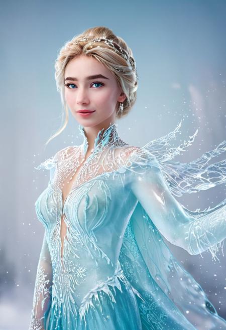 elsa of arendelle wearing intricate dress against a frozen white background . 35mm photograph, film, bokeh, professional, shot by aliza razell, 4k, highly detailed
