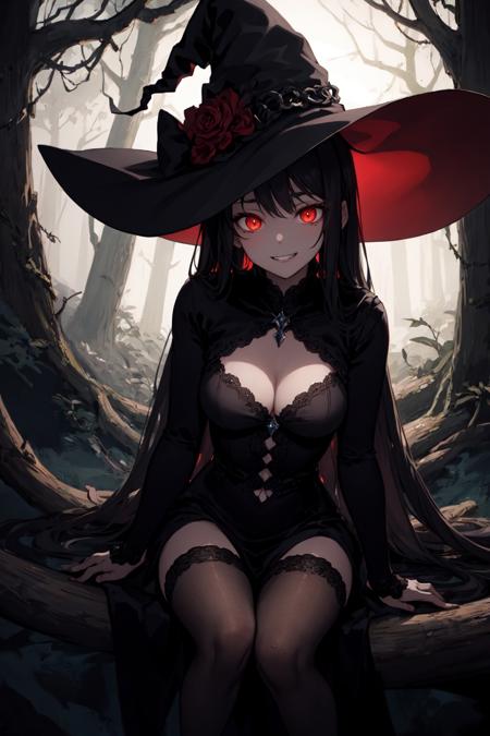 (masterpiece, best quality:1.2), (AS-Adult:1.1) girl, witch, detailed witch clothes, sitting on log,forest, close, red glowing eyes, detailed face, grin, parted lips, <lora:Gloomifier_slider_LECO_500w:2>,