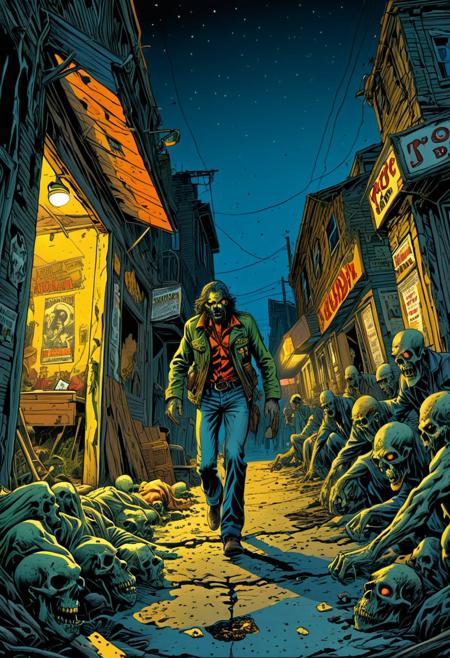 A comic book splash panel showcases a grotesque close-up of a 1970s zombie gang member, prowling under the cover of night, as he advances relentlessly towards the viewer on an abandoned, post-apocalyptic street. The scene takes place outside a biker bar in a notorious part of town, setting the stage for a thrilling encounter.