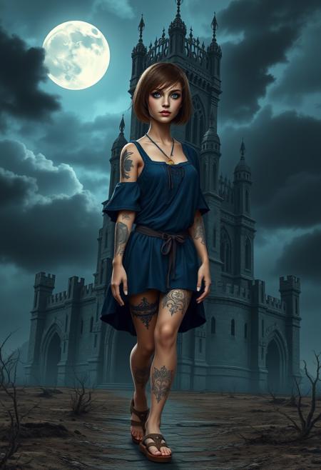 Digital artwork depicting a human female with fair skin and short, straight, brown hair, she has blue eyes and is wearing heavy makeup, including dark eyeshadow, eyeliner, and pink blush, wearing a short blue tunic revealing mystical tattoos on her arms and legs. She has medieval sandals on her feet. She is walking away from a towering, intricately designed gothic castle is set against a dark, stormy sky with a full moon. The castle has a weathered, ancient appearance, . The structure is surrounded by a barren, desolate landscape.