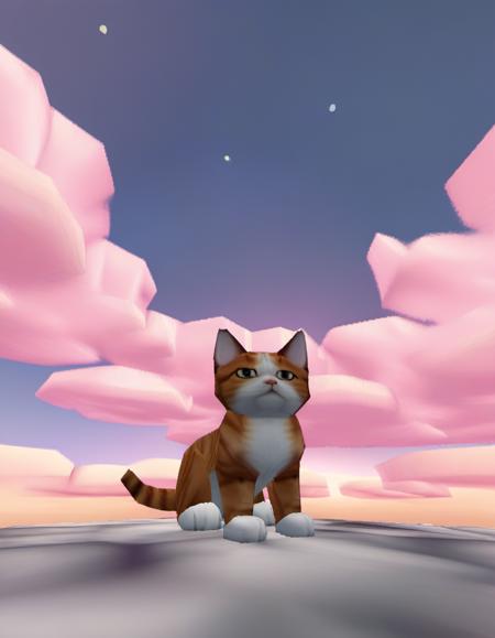 cute cat, pink heaven clouds, (ps1 style:1.1),  <lora:ps1_style_SDXL_v1:1> (game screenshot), (computer generated image)