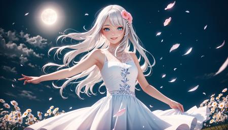 masterpiece, best quality, 1girl, (colorful),(finely detailed beautiful eyes and detailed face),cinematic lighting,bust shot,extremely detailed CG unity 8k wallpaper,white hair,solo,smile,intricate skirt,((flying petal)),(Flowery meadow) sky, cloudy_sky, building, moonlight, moon, night, (dark theme:1.3), light, fantasy,