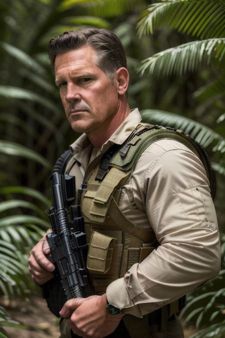 a handsome man standing, fbi agent, cia, in bullet proof vest, in a jungle paradise, ready for action, upper body, close up, candid, amateur, (raw, 8k, uhd, fujifilm xt3), sharp, cinematic lighting,<lora:joshBrolin:1>